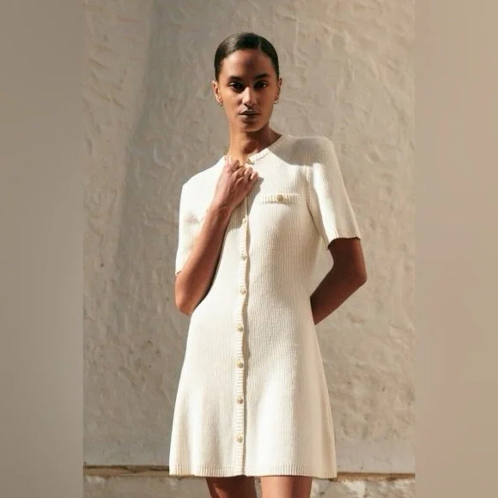 H&M Rib Knit Cream Dress Gold Button Old Money Style - XS - Picture 3 of 8